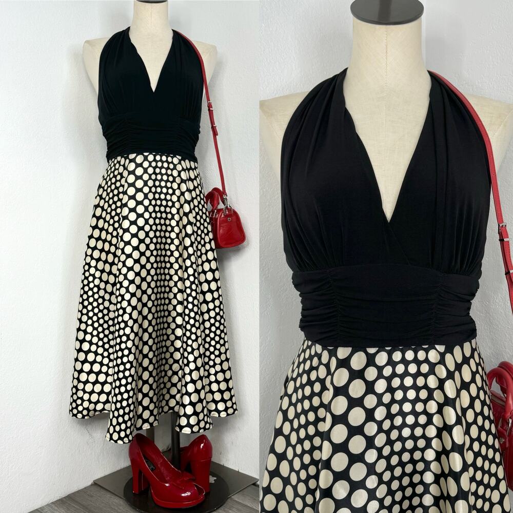 Reto Style Black Polkadot Halter Midi Dress Pin UP Size 8